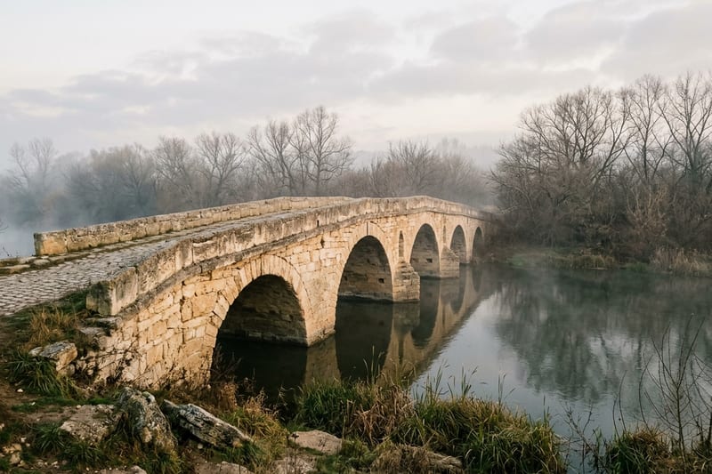 Un pod vechi de piatră peste râu, în ceața dimineții