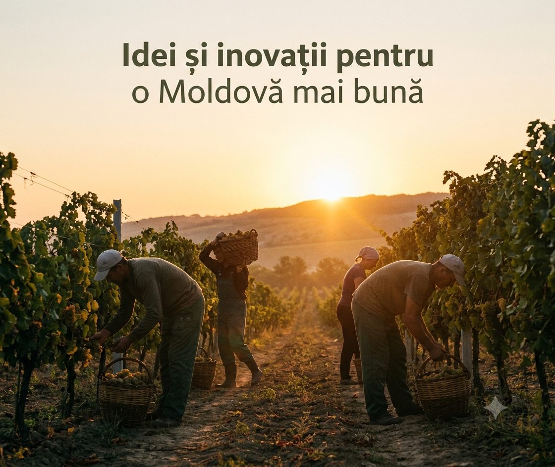 Peisaj din Moldova — dealuri, viță-de-vie și sate în lumina dimineții